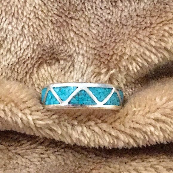 VTG Sterling Silver Southwest Crushed Turquoise Inlay Ring - Picture 7 of 13